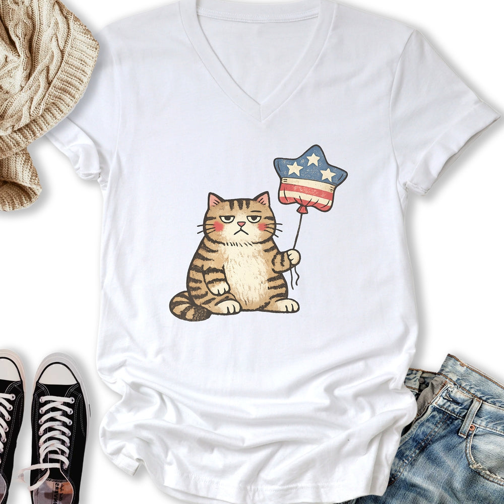 Unbothered Cat Patriot V-Neck Tee