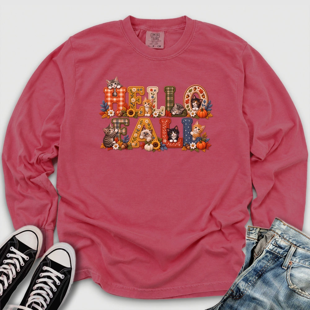 Faux Embroidery Fall Cats Long Sleeve Tee