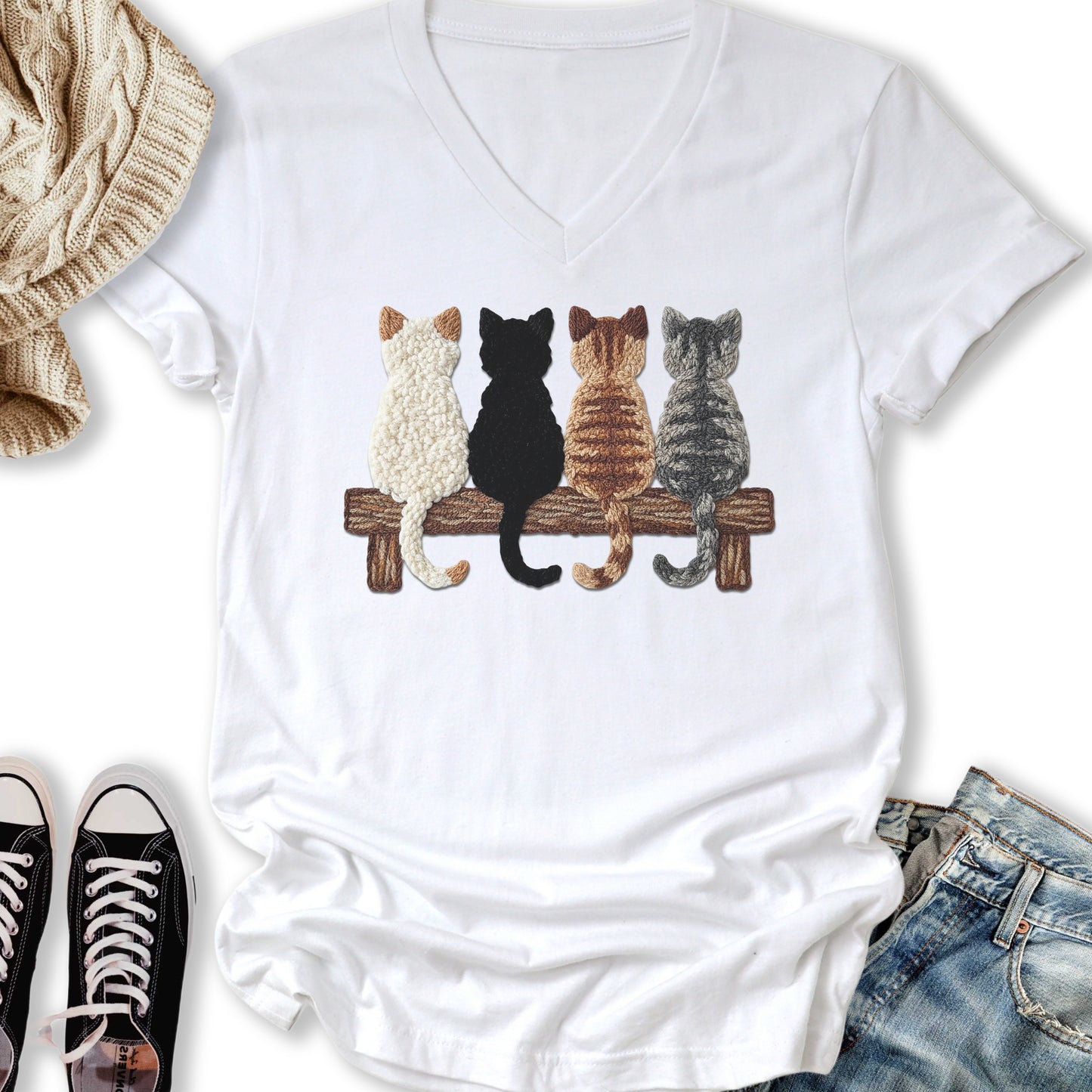 Four Cats Faux Yarn Printed V-Neck Tee