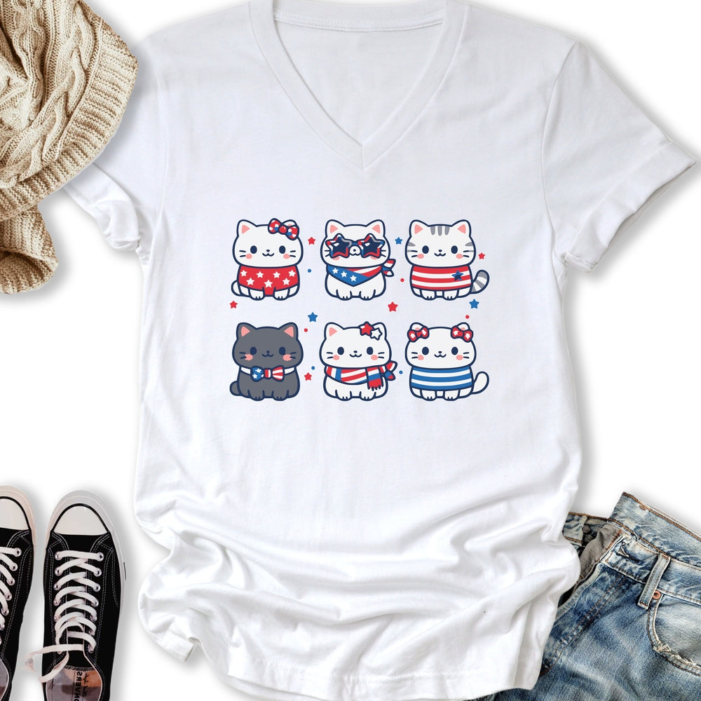Cute Patriotic Cats V-Neck Tee