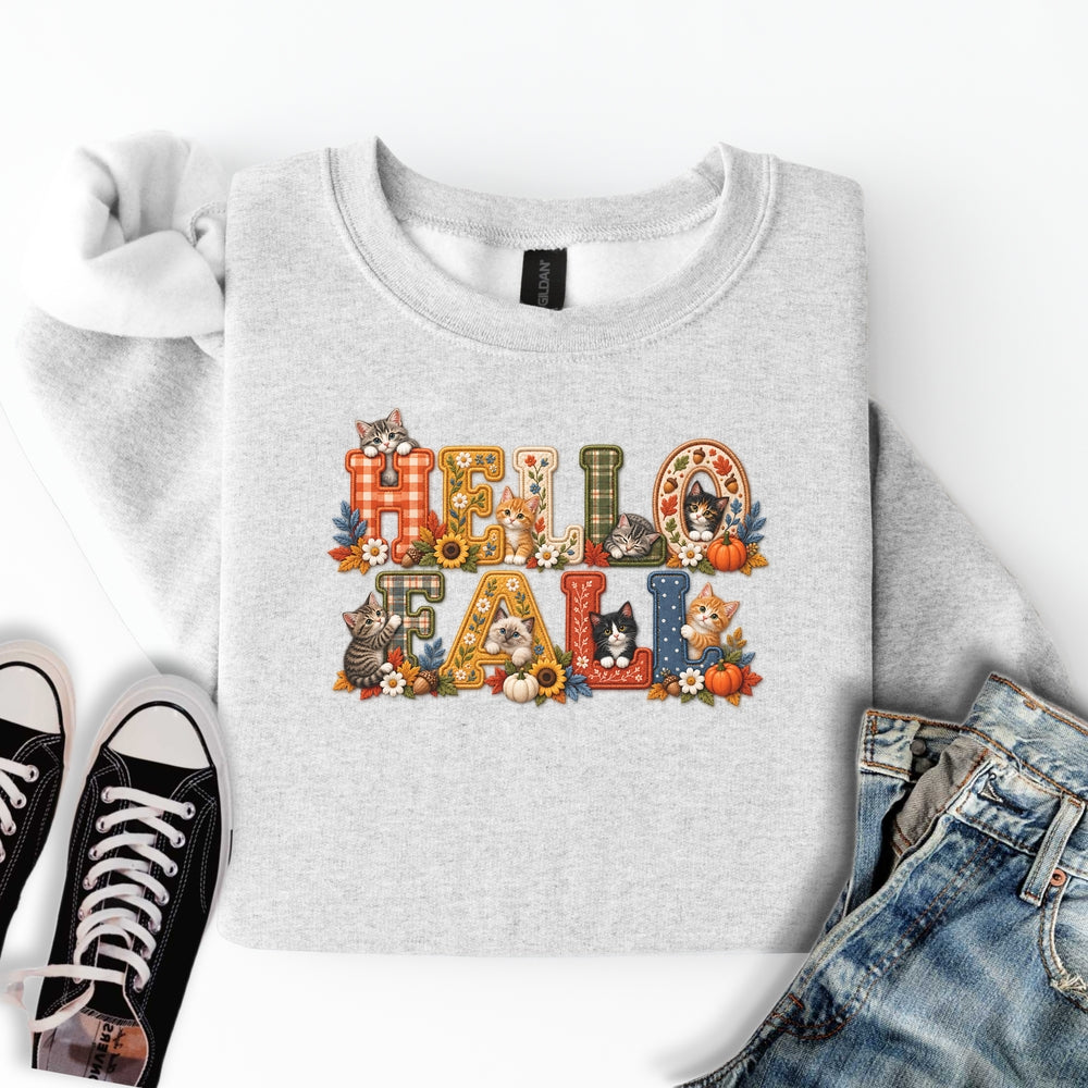 Faux Embroidery Fall Cats Sweatshirt