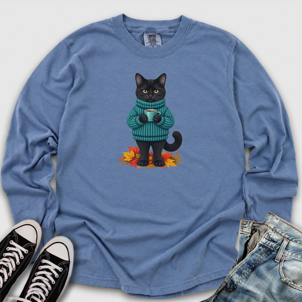 Cozy Fall Black Cat Long Sleeve Tee