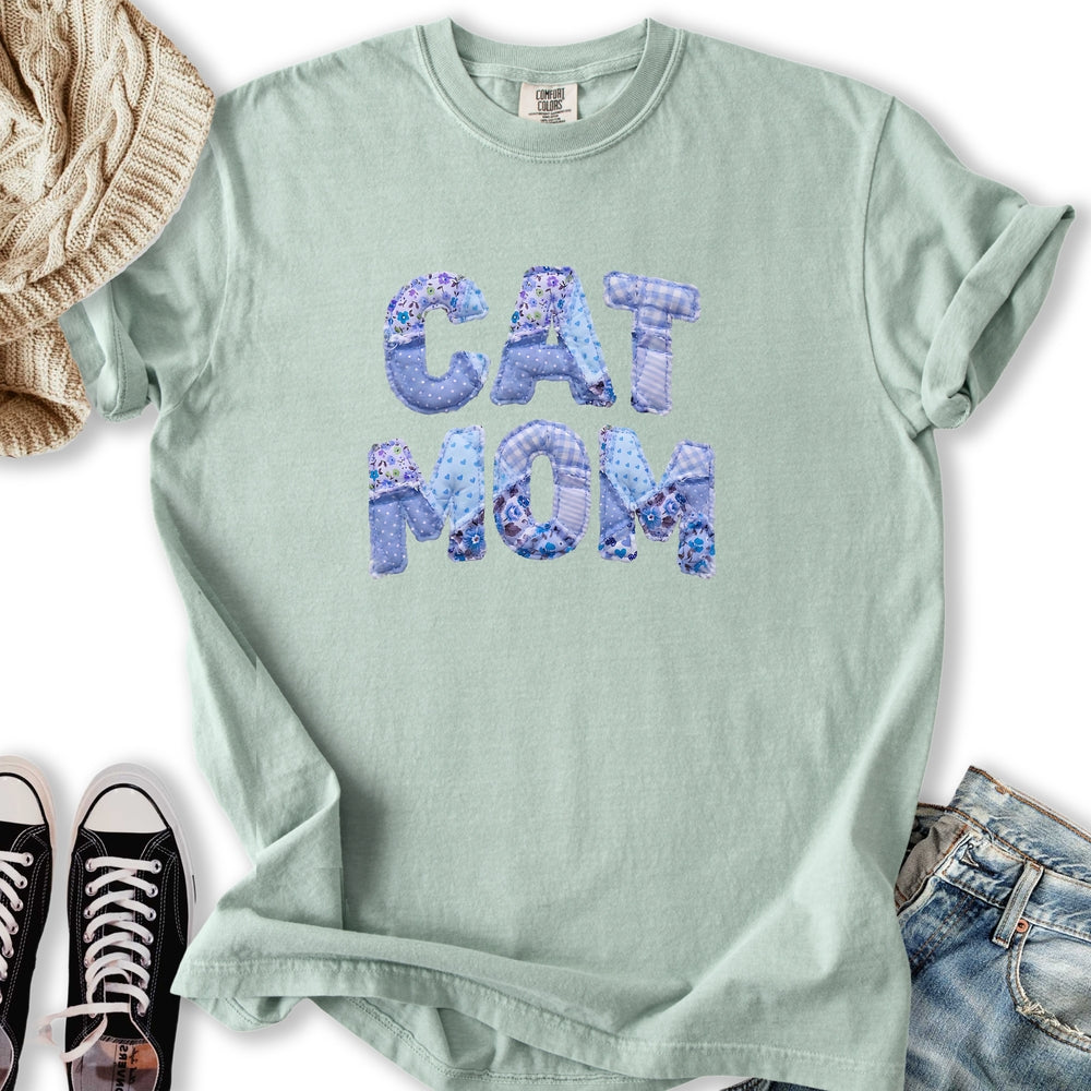 Blue Faux Patchwork Cat T-Shirt