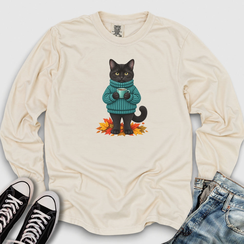 Cozy Fall Black Cat Long Sleeve Tee