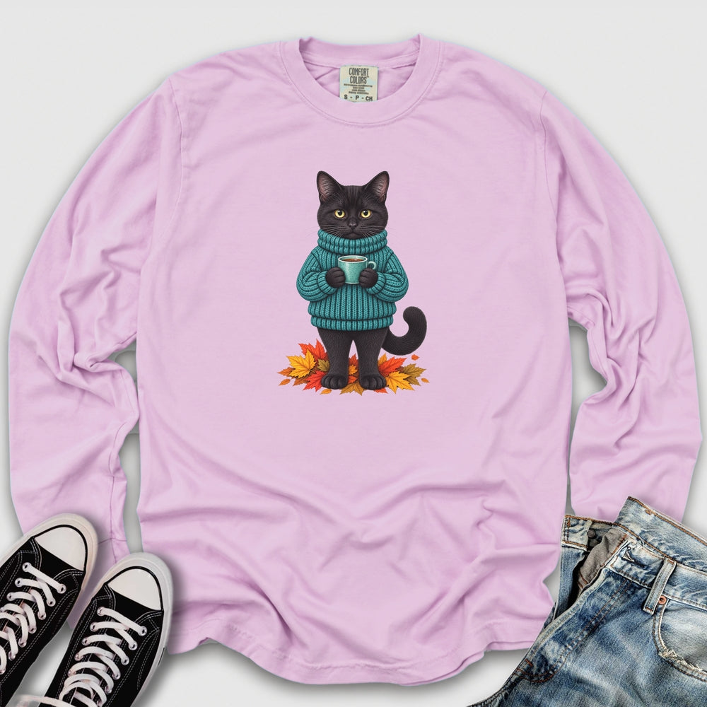 Cozy Fall Black Cat Long Sleeve Tee