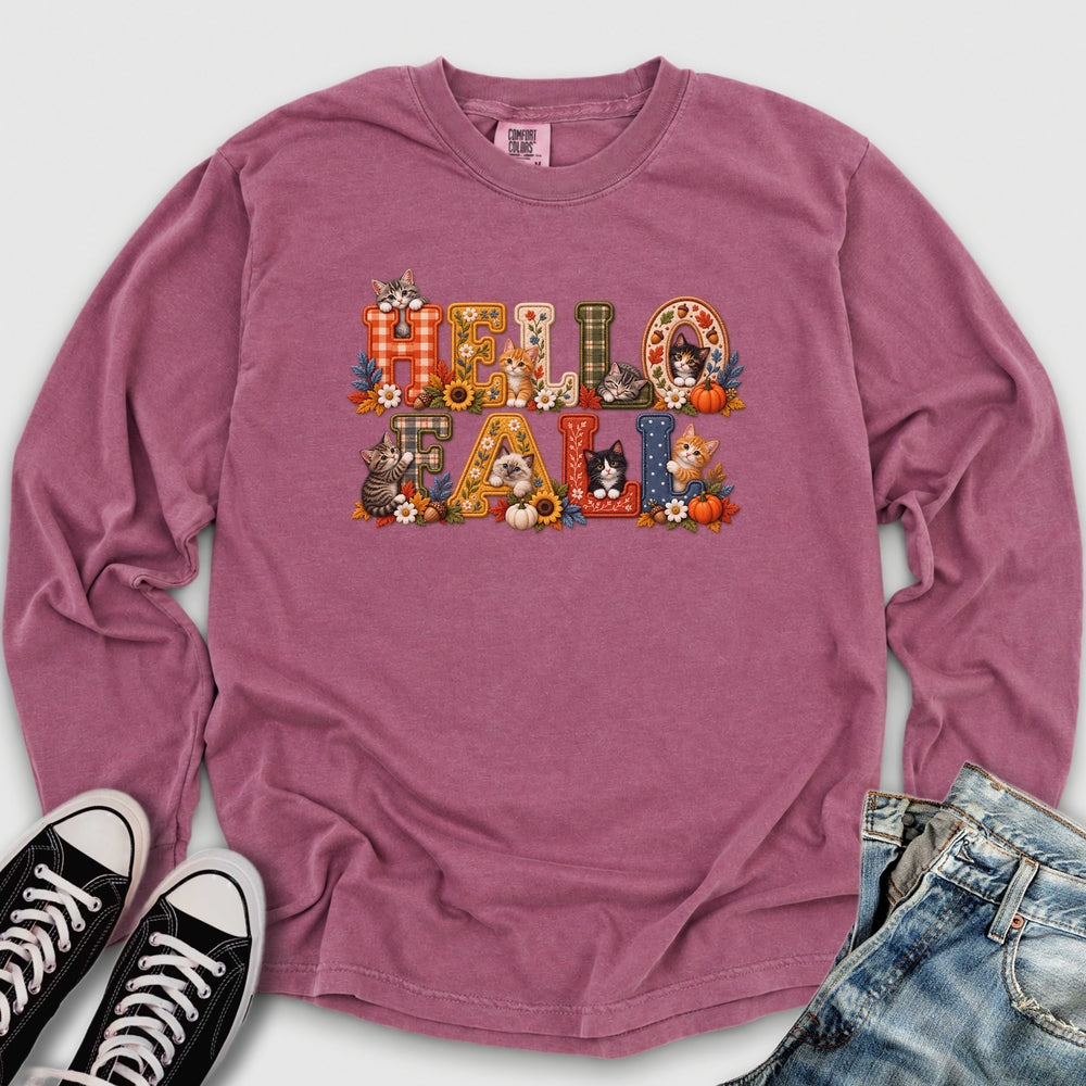 Faux Embroidery Fall Cats Long Sleeve Tee