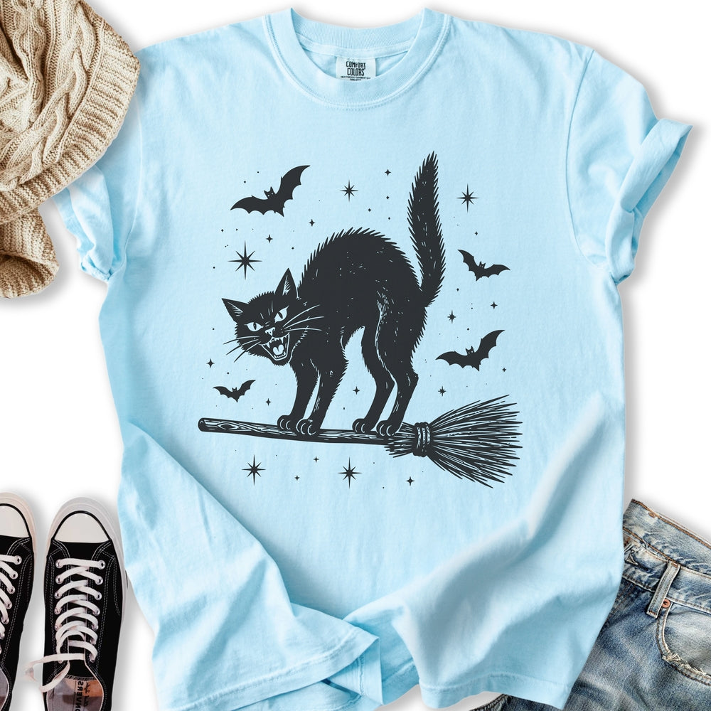 Black Cat On Broomstick Relaxed Tee