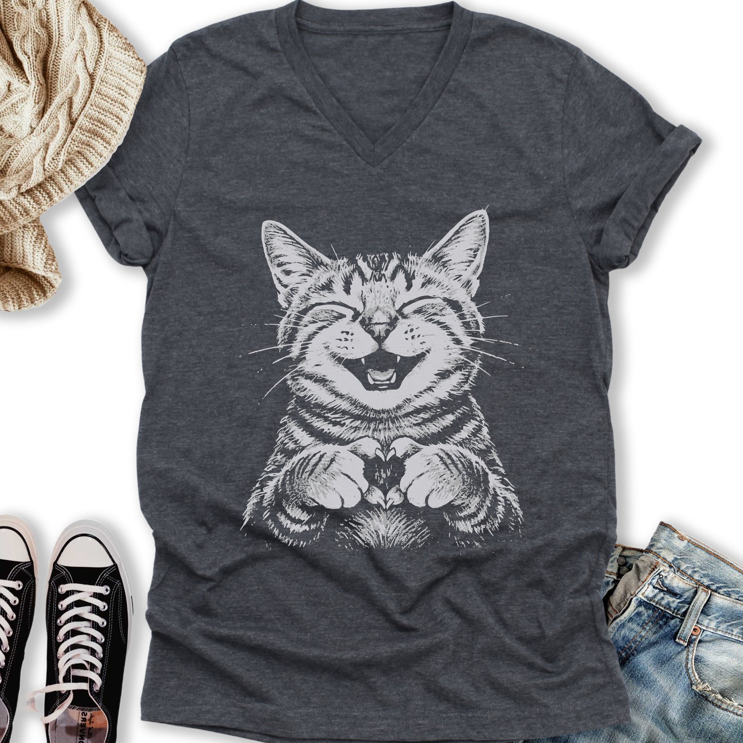 Cat Love Heart V-Neck Tee