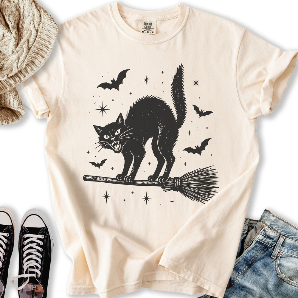 Black Cat On Broomstick Relaxed Tee
