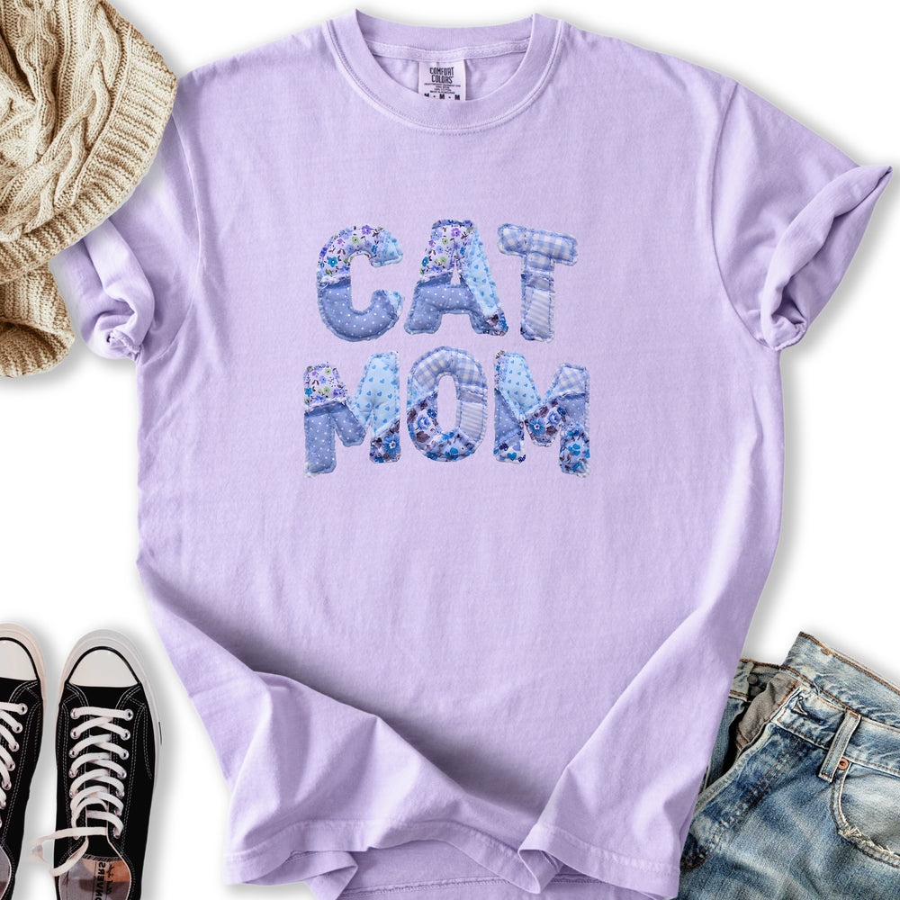 Blue Faux Patchwork Cat T-Shirt