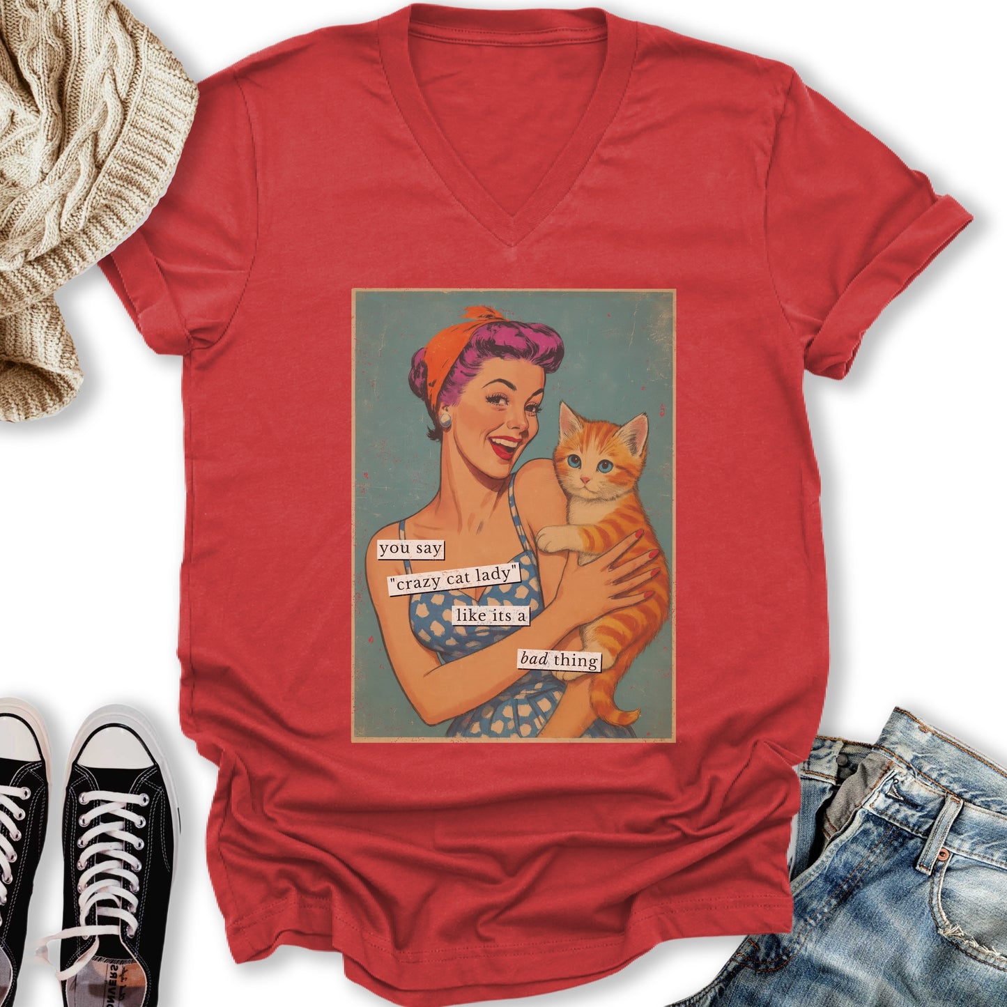 Retro Crazy Cat Lady V-Neck Tee