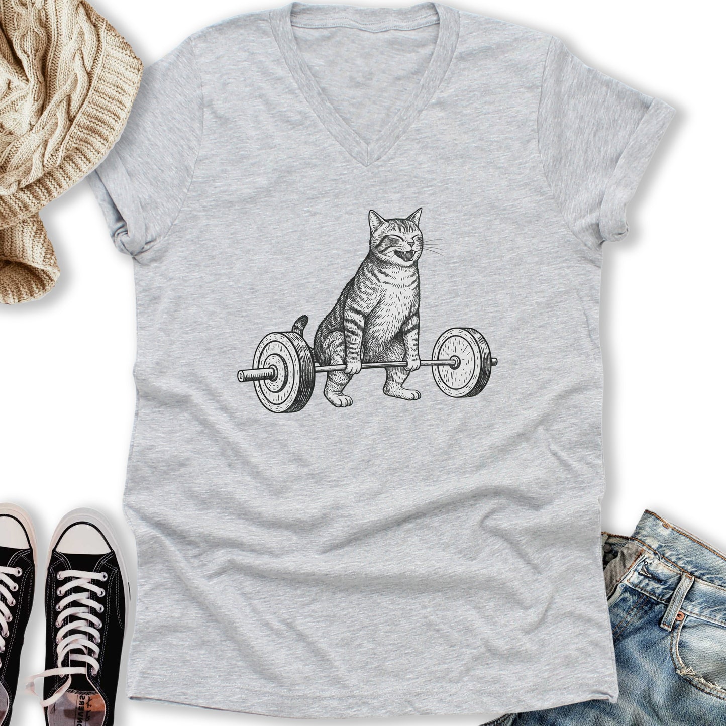 Deadlift Cat V-Neck Tee