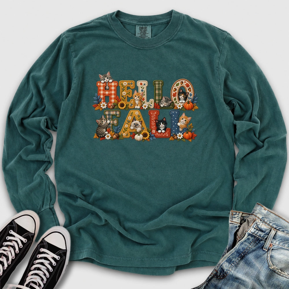 Faux Embroidery Fall Cats Long Sleeve Tee