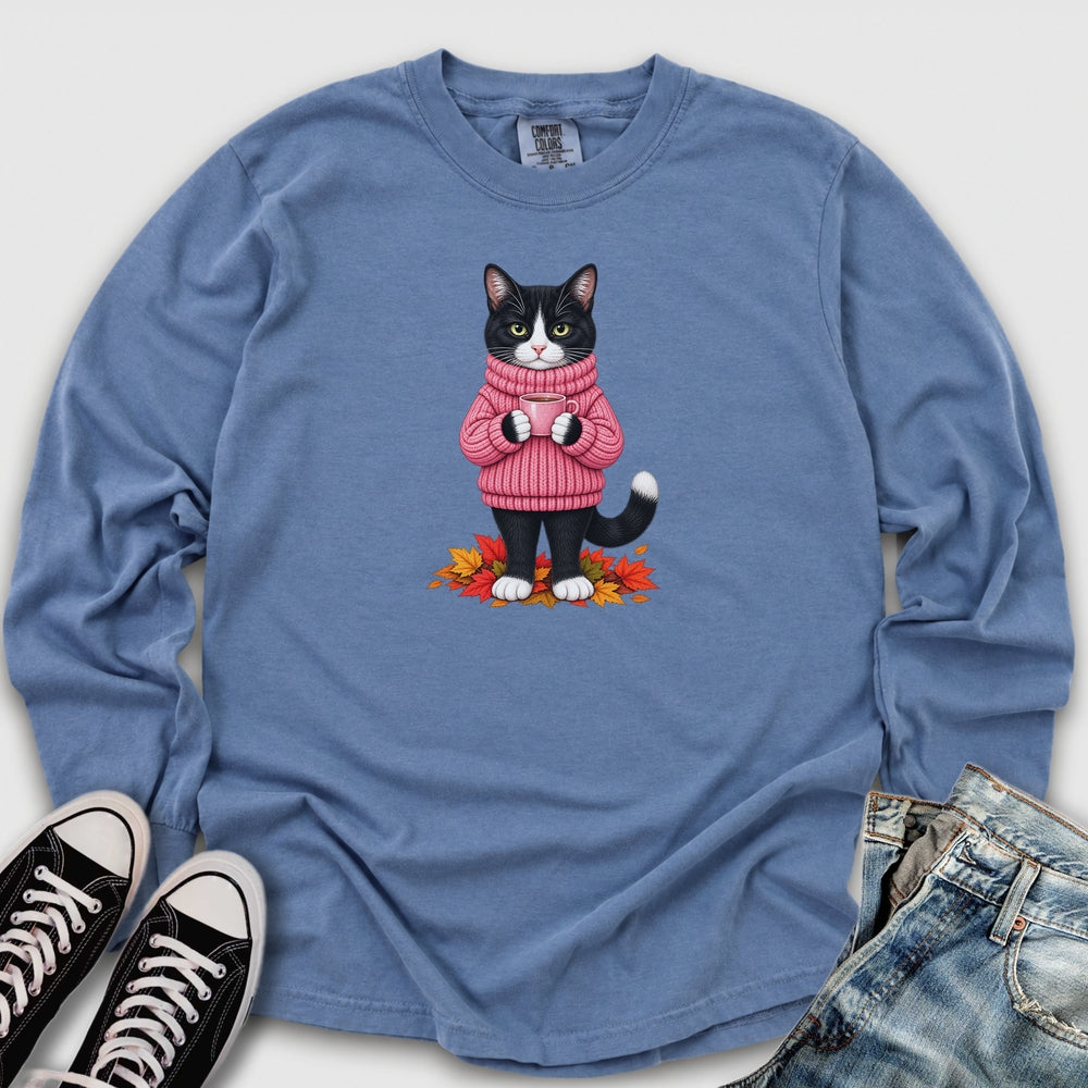 Cozy Fall Tuxedo Cat Long Sleeve Tee