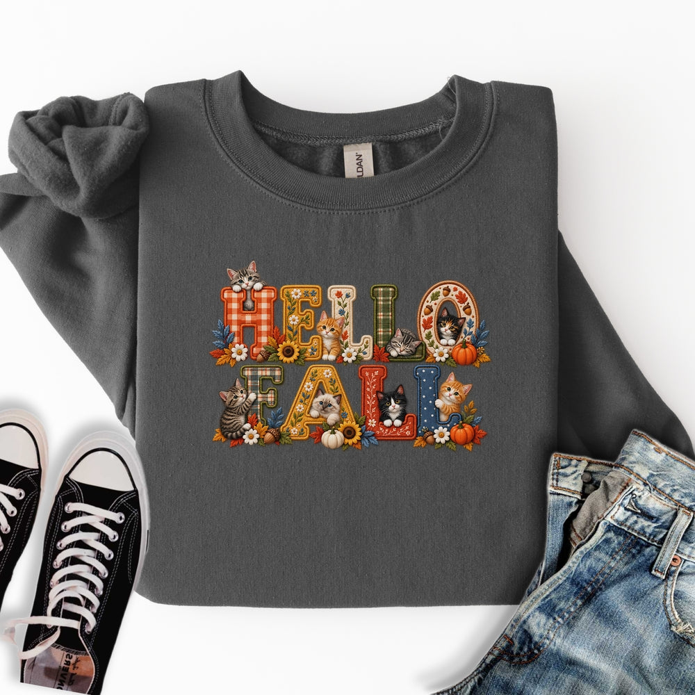 Faux Embroidery Fall Cats Sweatshirt