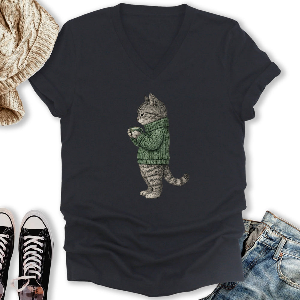 Cozy Tabby Cat V-Neck Tee