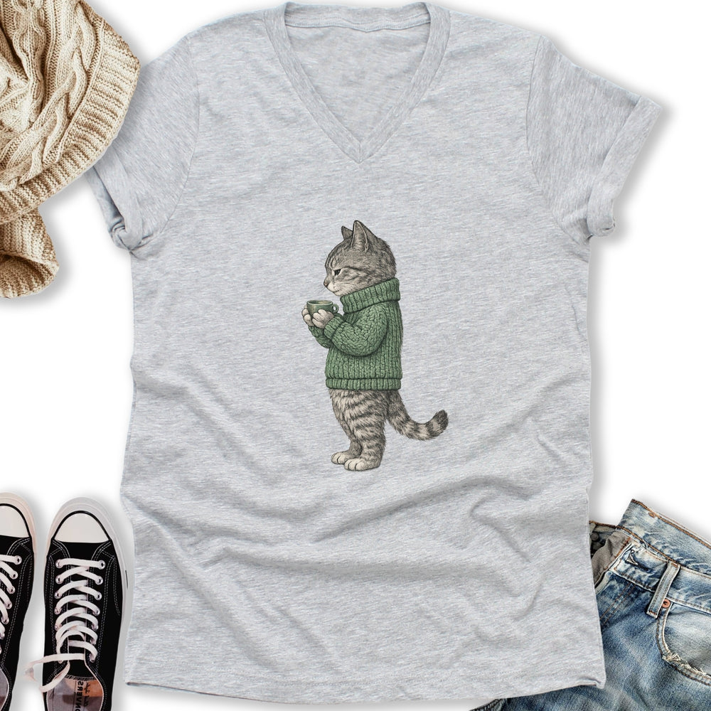 Cozy Tabby Cat V-Neck Tee
