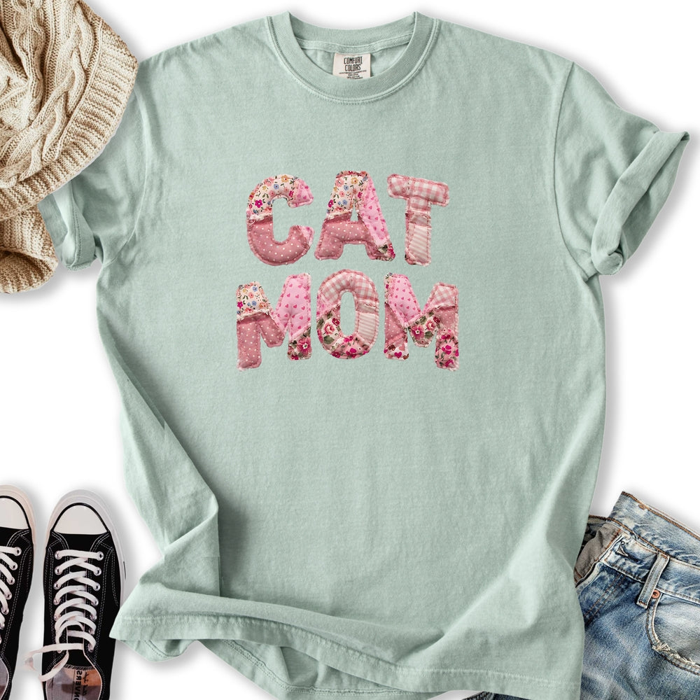 Pink Faux Patchwork Cat T-Shirt