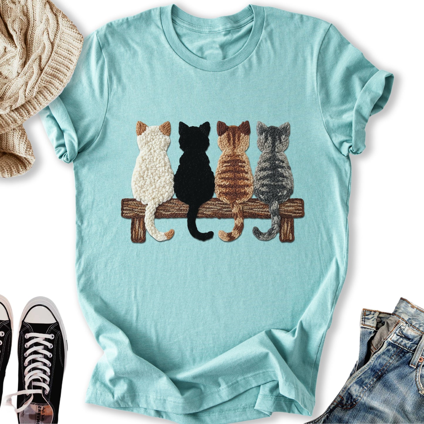 Four Cats Faux Yarn Printed T-Shirt