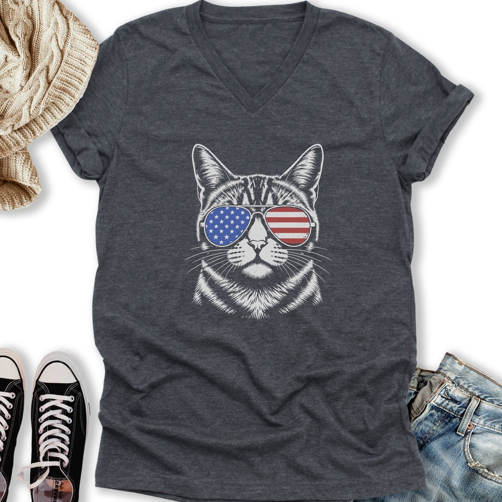 USA Aviator Cat  V-Neck Tee