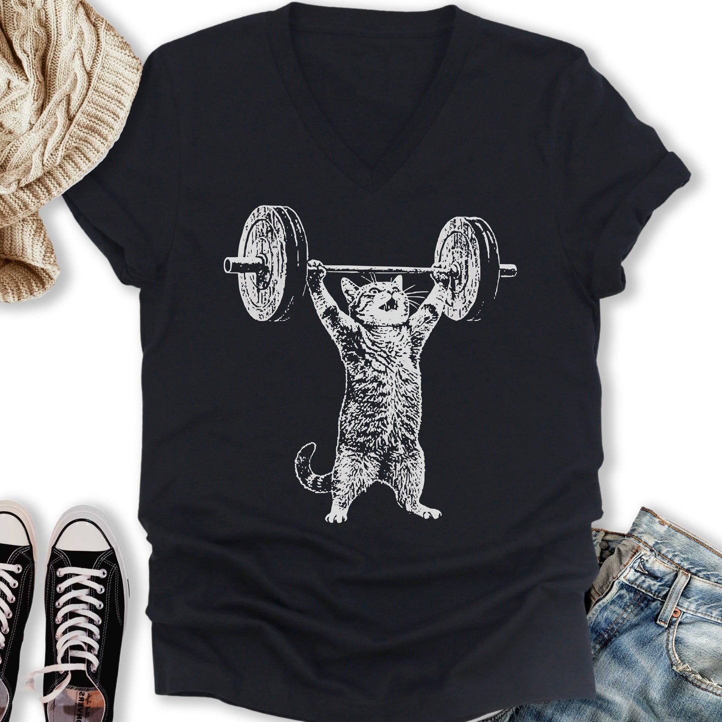 Weight Lifter Cat V-Neck Tee