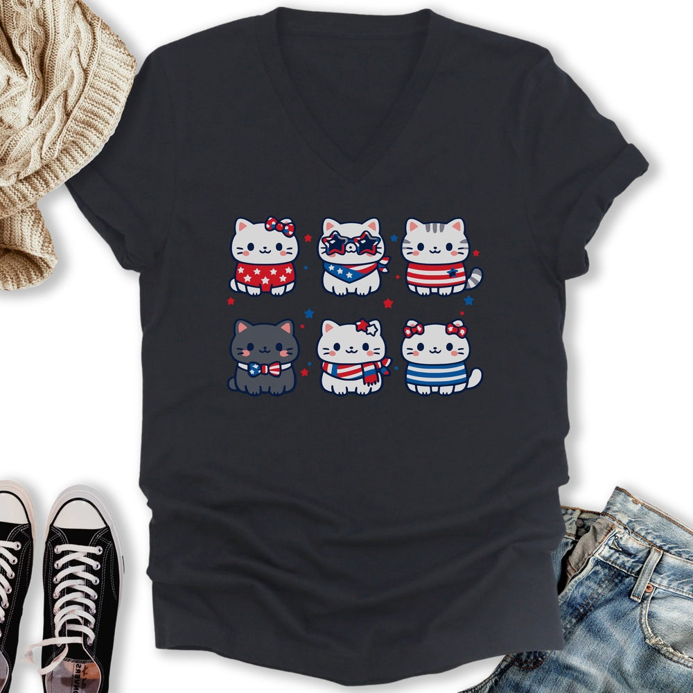 Cute Patriotic Cats V-Neck Tee