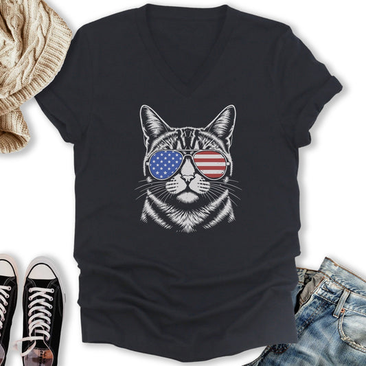 USA Aviator Cat  V-Neck Tee