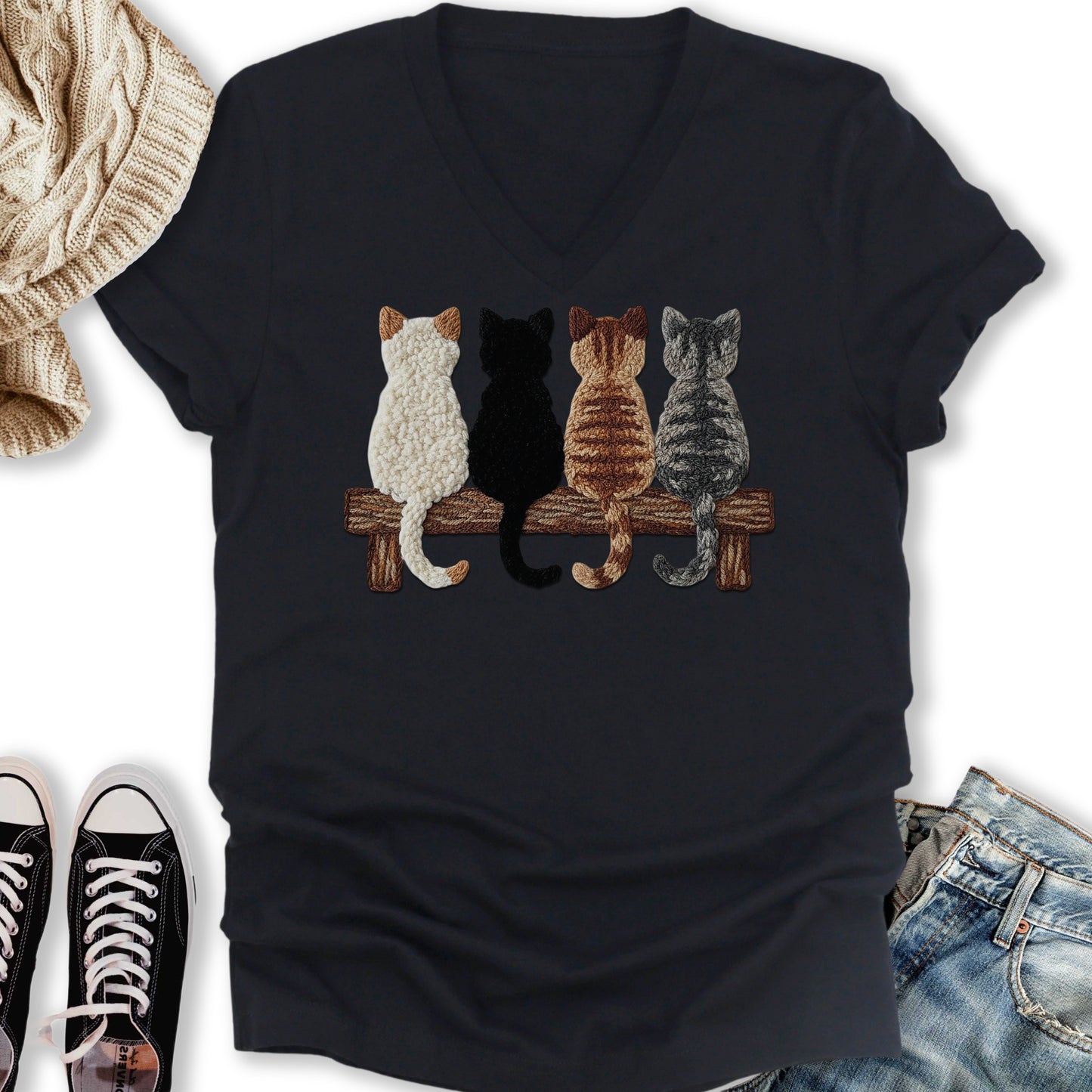 Four Cats Faux Yarn Printed V-Neck Tee