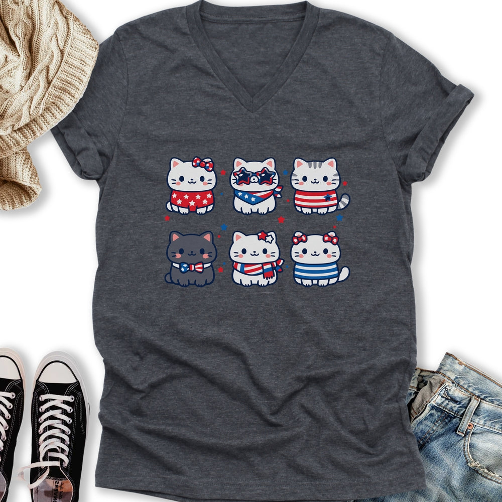 Cute Patriotic Cats V-Neck Tee