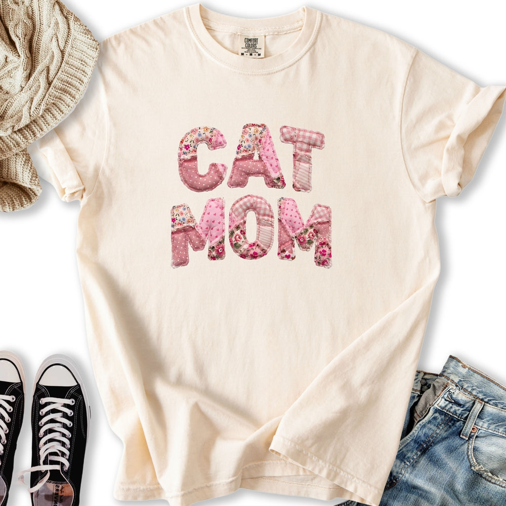Pink Faux Patchwork Cat T-Shirt