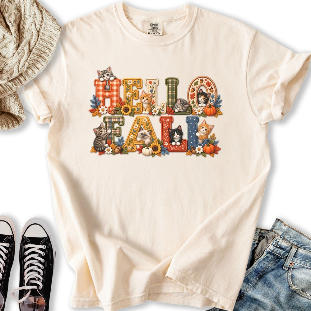 Faux Embroidery Fall Cats Relaxed Tee