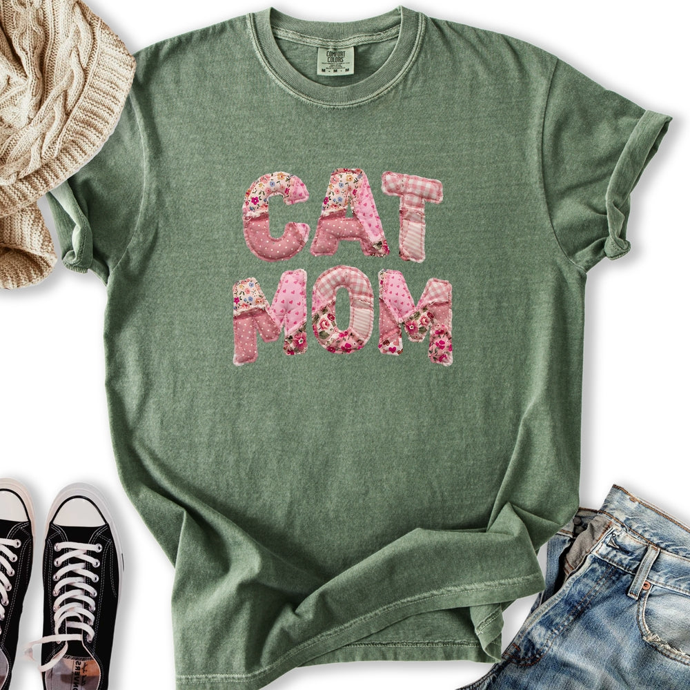 Pink Faux Patchwork Cat T-Shirt