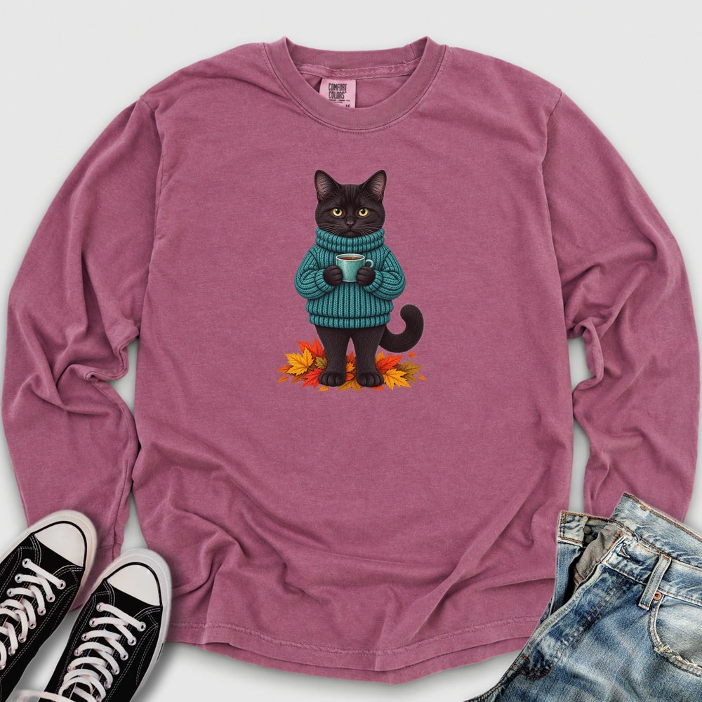 Cozy Fall Black Cat Long Sleeve Tee