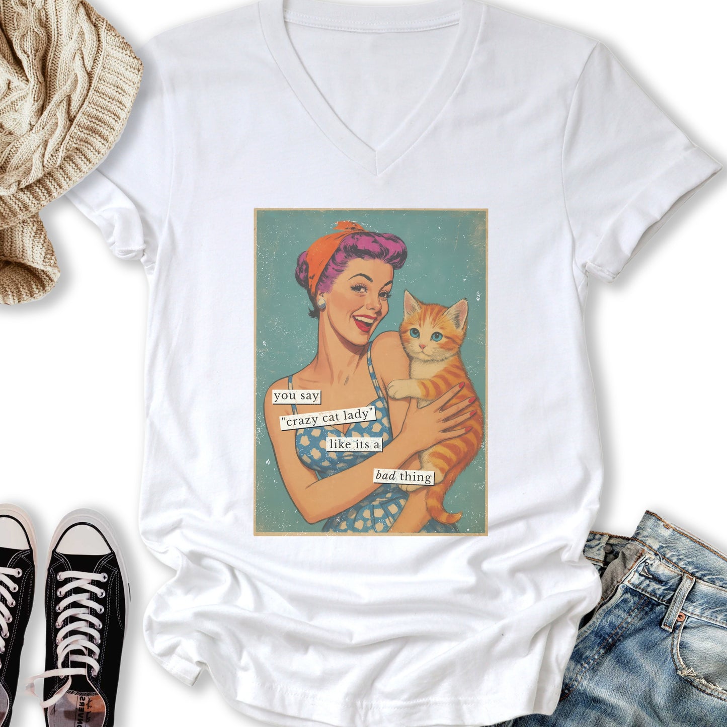 Retro Crazy Cat Lady V-Neck Tee