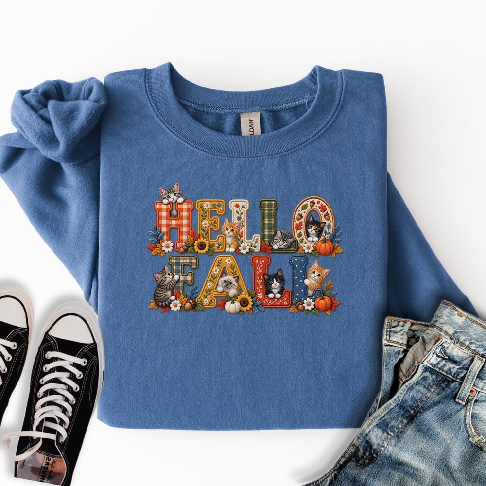 Faux Embroidery Fall Cats Sweatshirt