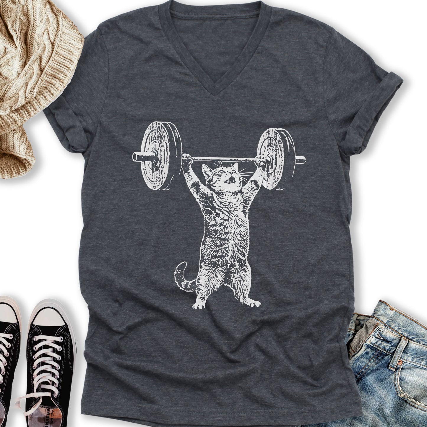 Weight Lifter Cat V-Neck Tee