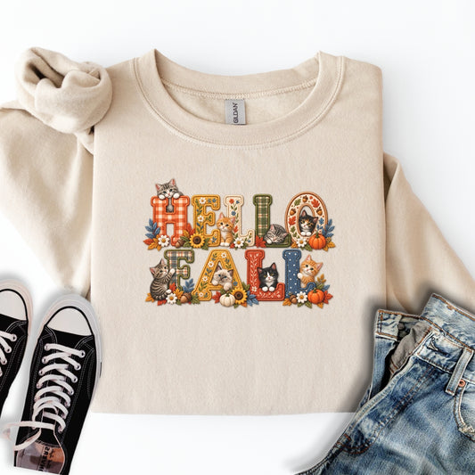 Faux Embroidery Fall Cats Sweatshirt