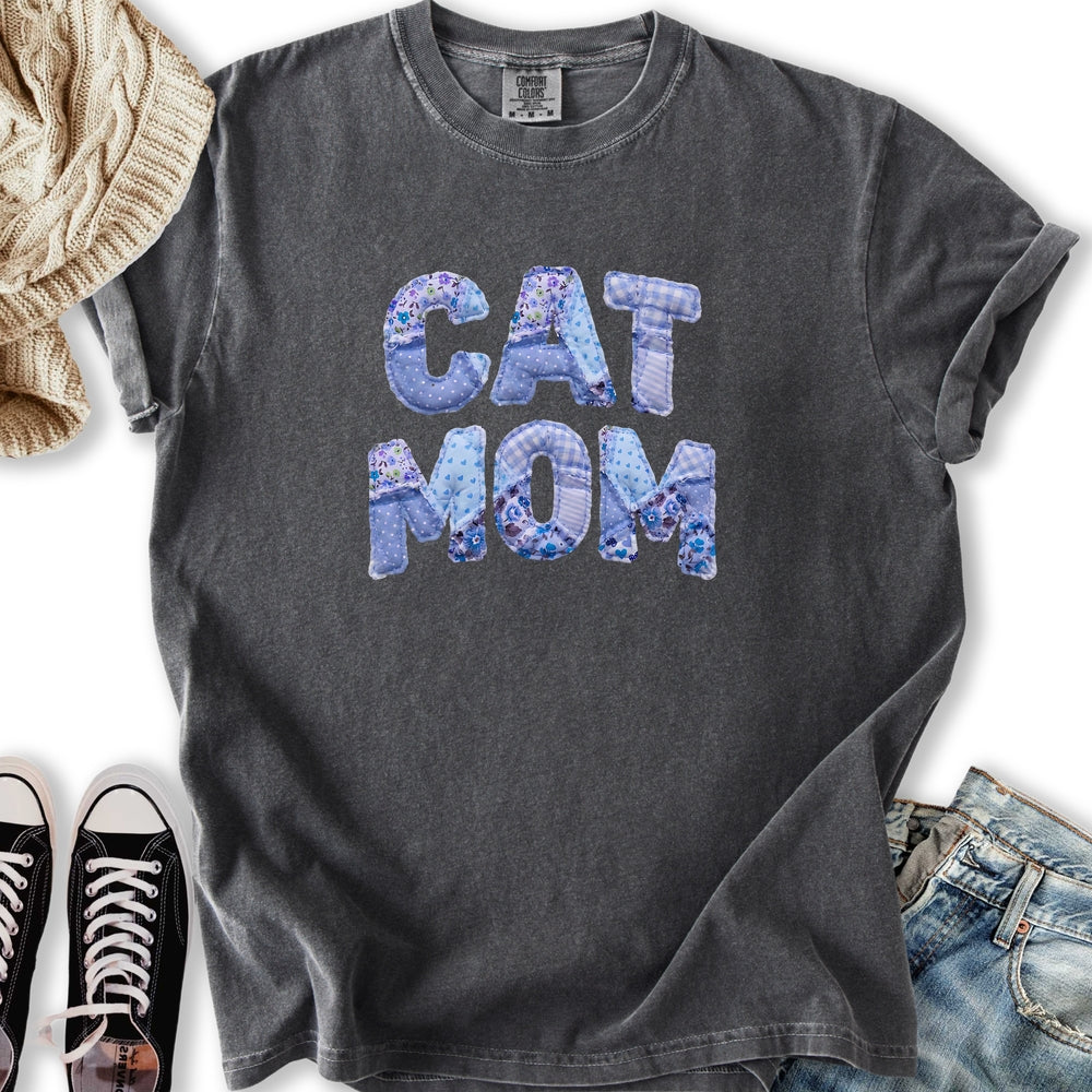 Blue Faux Patchwork Cat T-Shirt