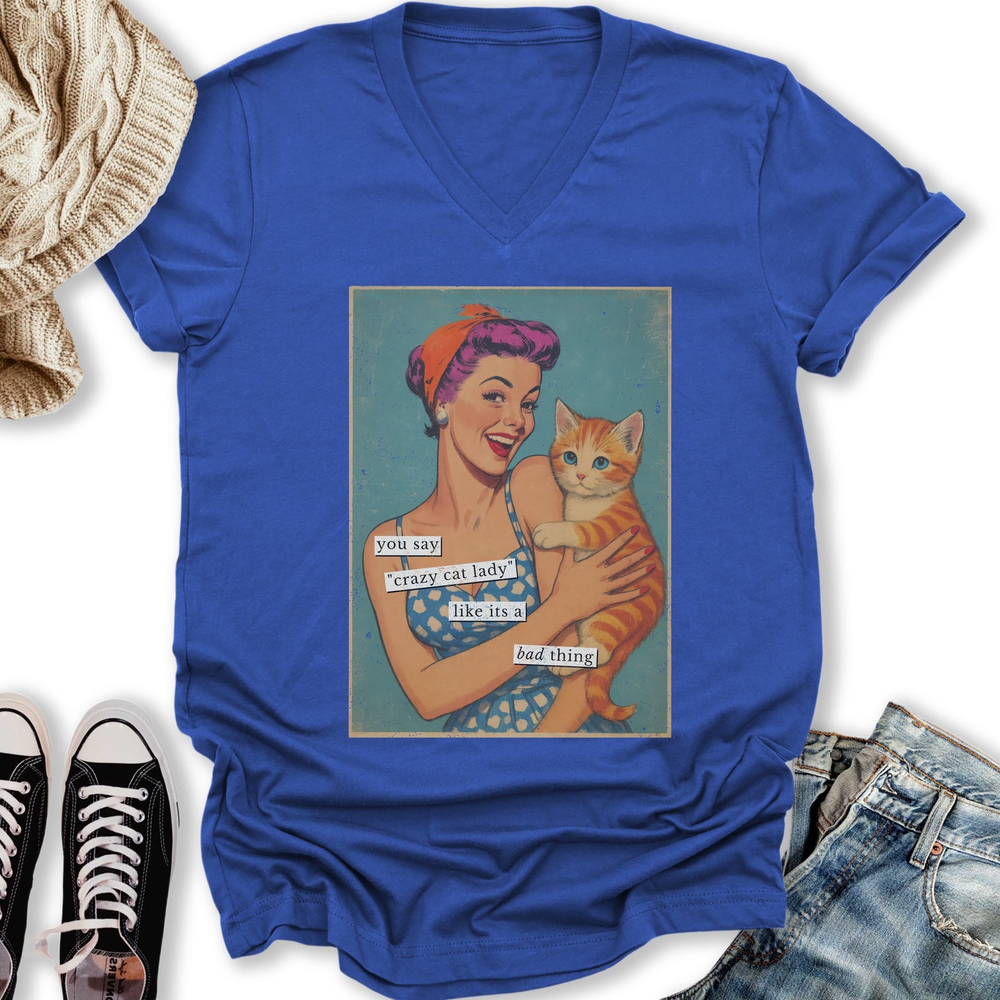 Retro Crazy Cat Lady V-Neck Tee