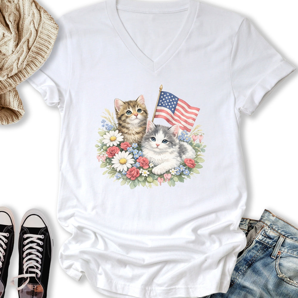 Vintage 4th July Kittens V-Neck Tee