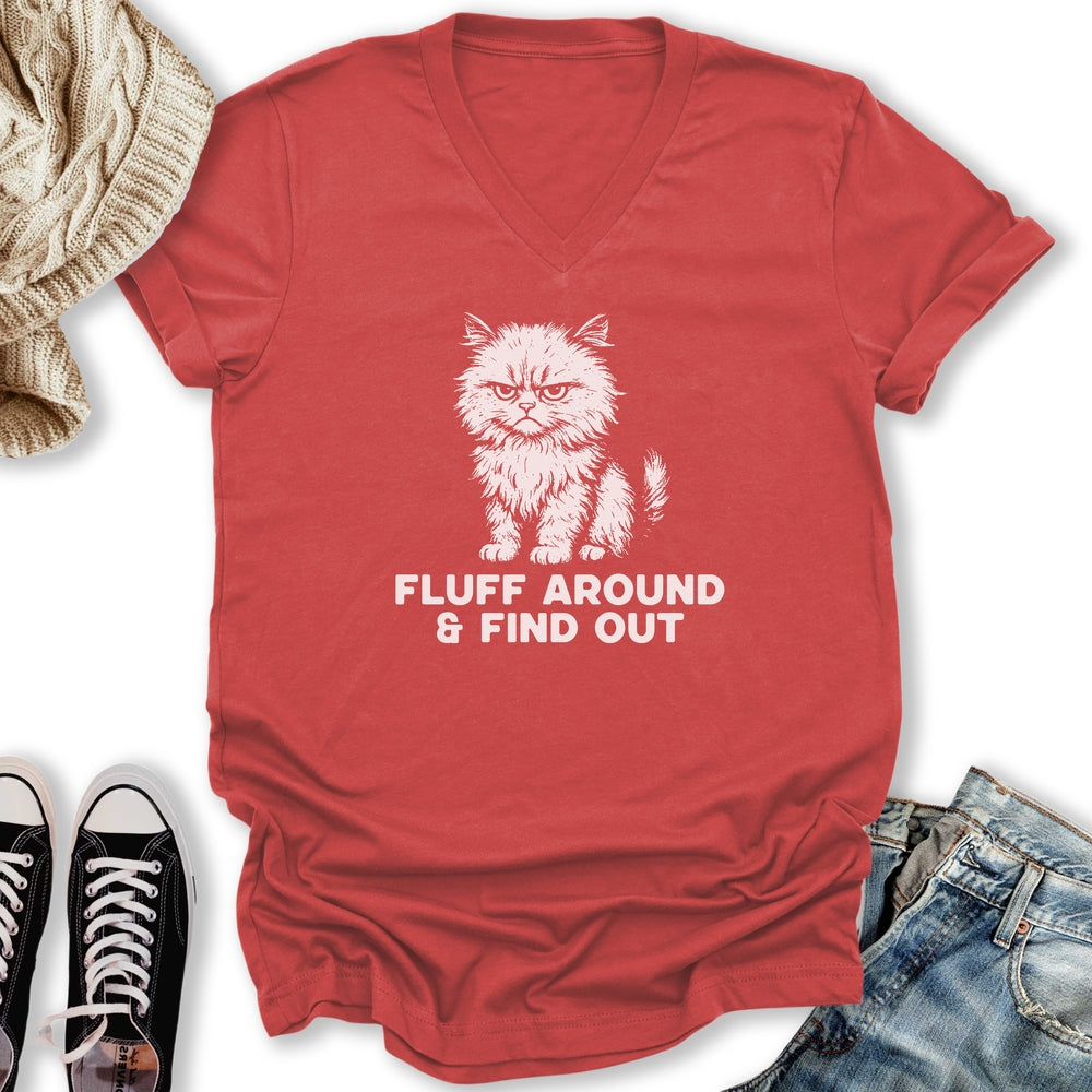 Fluff Around Cat V-Neck Tee