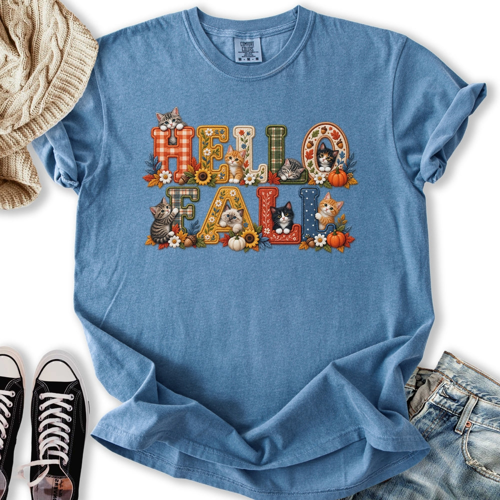 Faux Embroidery Fall Cats Relaxed Tee