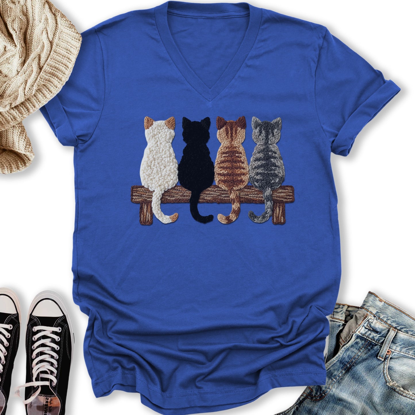 Four Cats Faux Yarn Printed V-Neck Tee