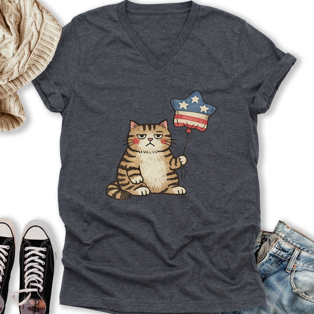 Unbothered Cat Patriot V-Neck Tee