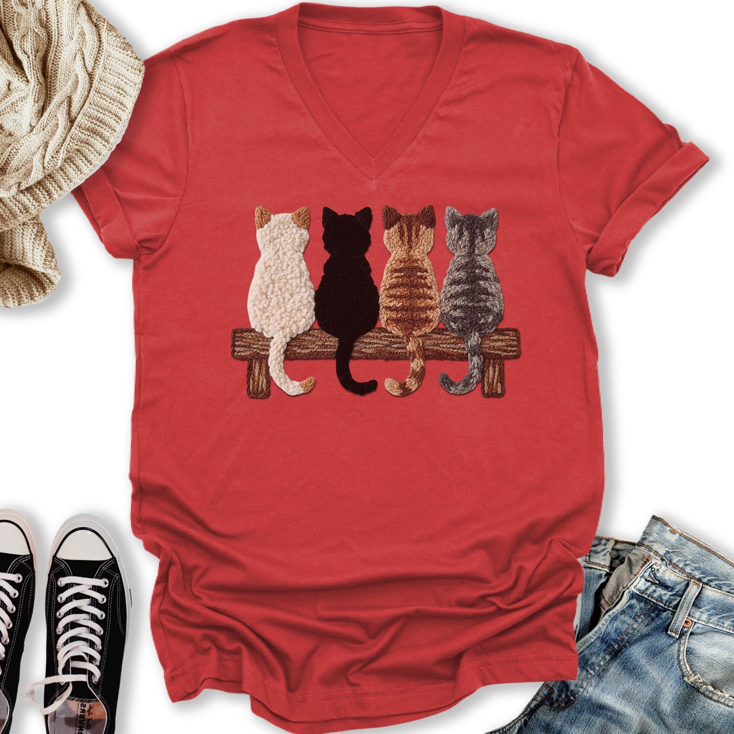 Four Cats Faux Yarn Printed V-Neck Tee