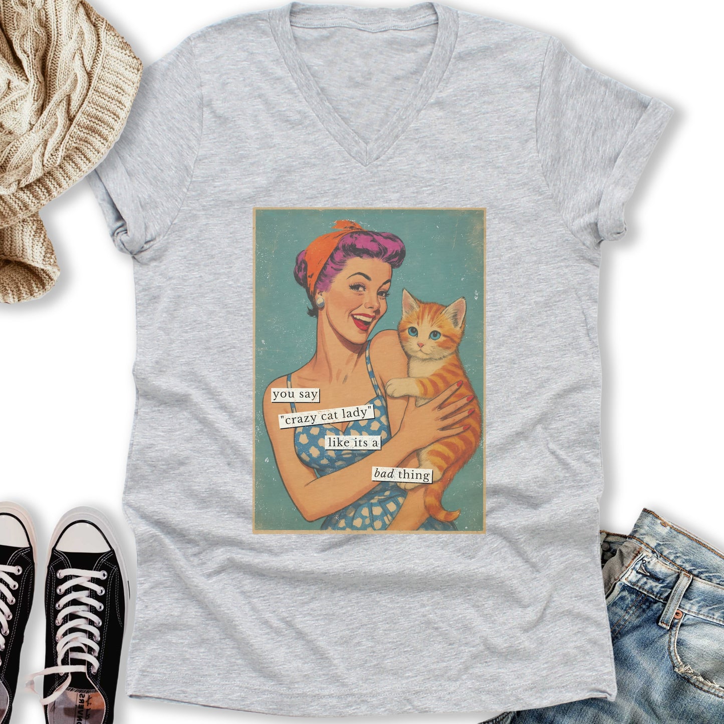 Retro Crazy Cat Lady V-Neck Tee