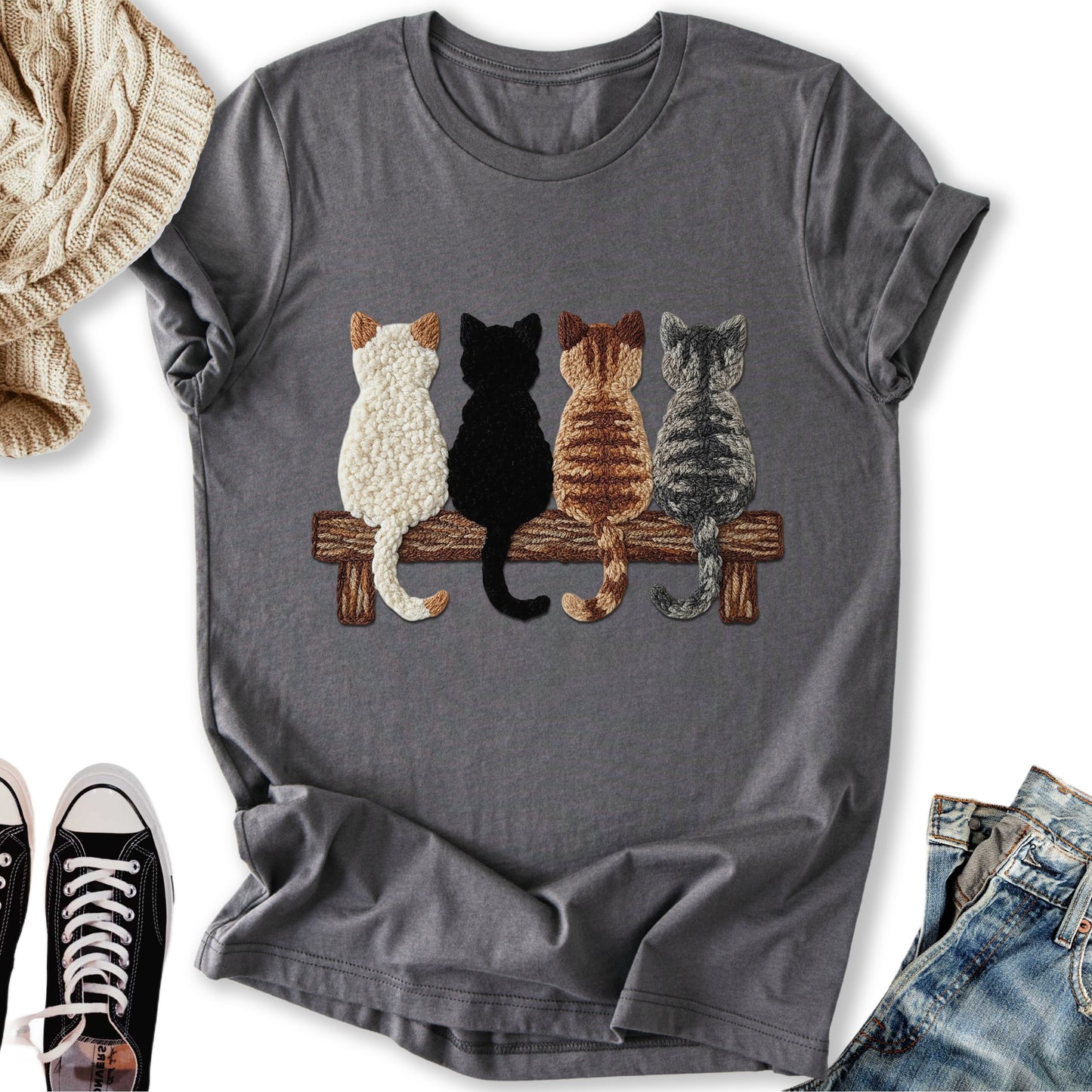 Four Cats Faux Yarn Printed T-Shirt