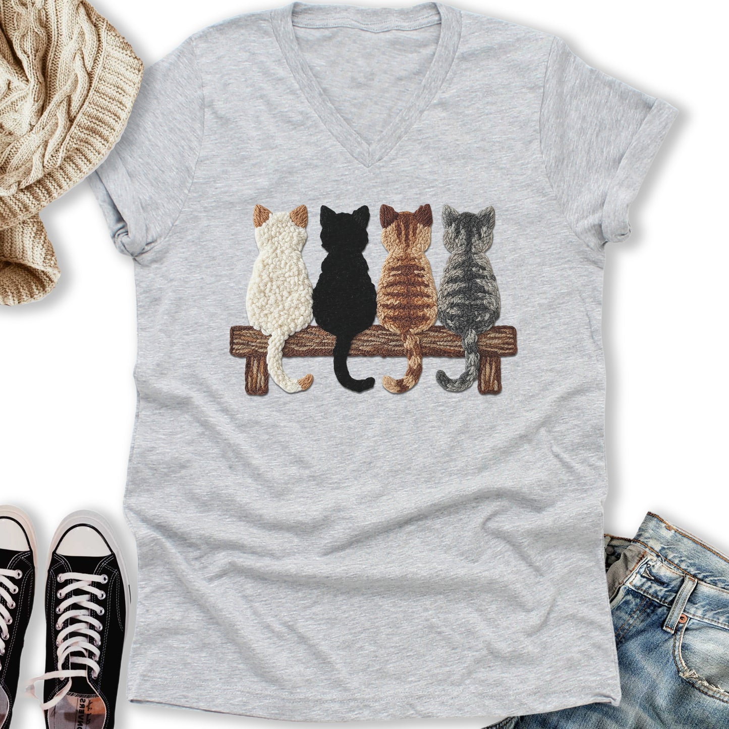 Four Cats Faux Yarn Printed V-Neck Tee