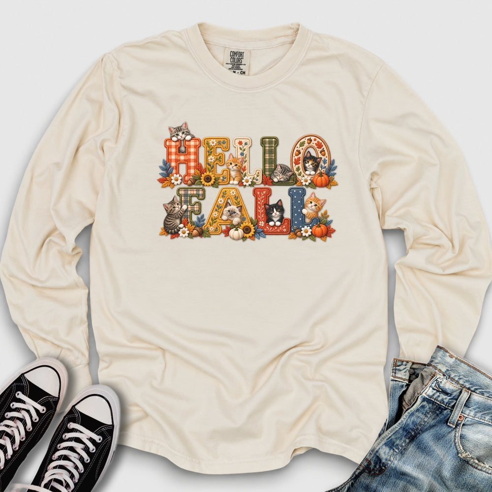 Faux Embroidery Fall Cats Long Sleeve Tee