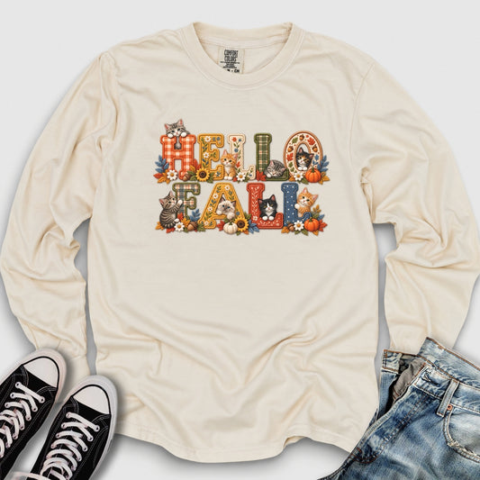 Faux Embroidery Fall Cats Long Sleeve Tee